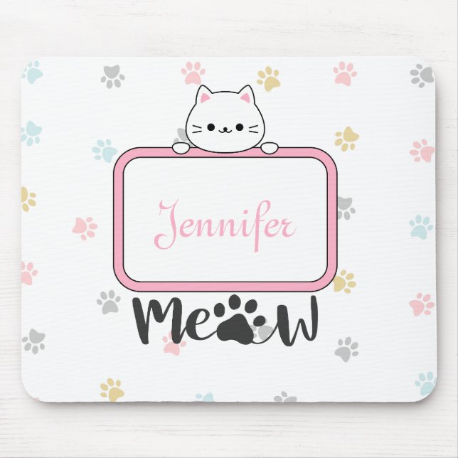 Personalised Cute Cat with Name and Paw Prints Mouse Pad (Front)