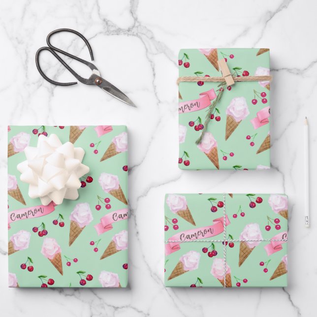 Personalised Cute Cherry Ice Cream Cool Mint Green Wrapping Paper Sheet (Front)