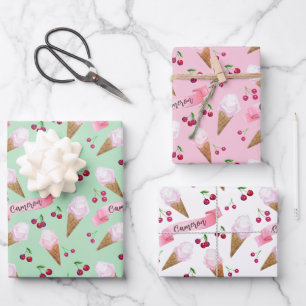 Personalised Cute Cherry Ice Cream Retro Pastel Wrapping Paper Sheet