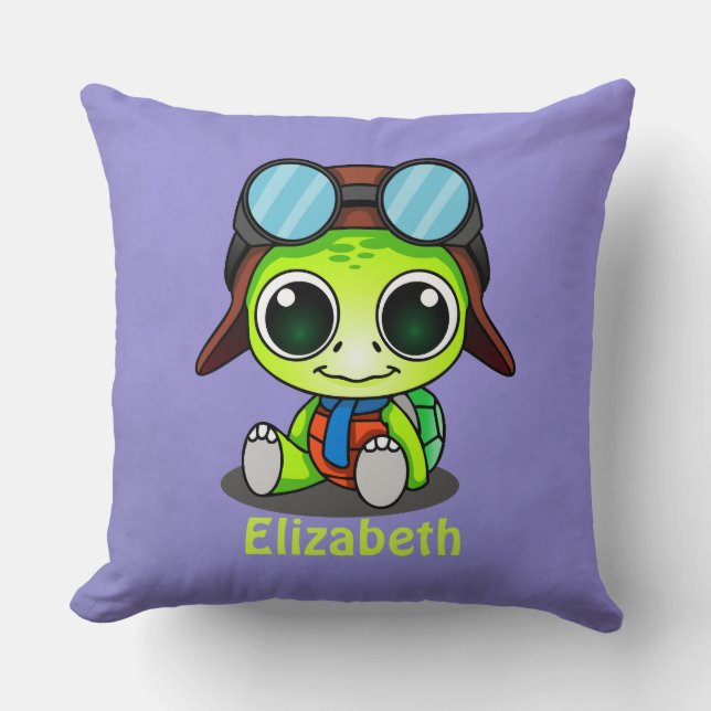 Personalised Cute Chibi Turtle in Aviator Hat Cushion (Front)