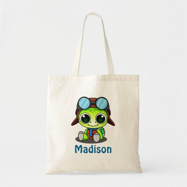 Personalised Cute Chibi Turtle in Aviator Hat Tote Bag (Front)