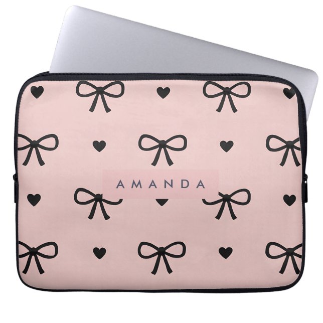 Personalised Cute Chic Pink Bow & Heart Pattern Laptop Sleeve (Front)