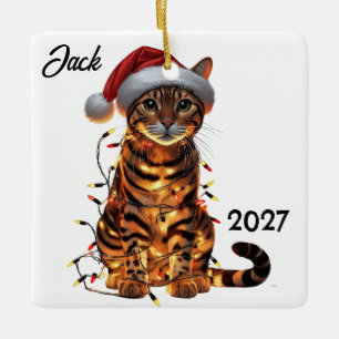 Personalised Cute Christmas Bengal Cat  Ceramic Ornament