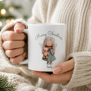 Personalised Cute Christmas Fairy Girl and Teddy Coffee Mug