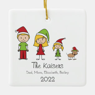 Personalised Cute Christmas Family of 3 With Dog Ceramic Ornament