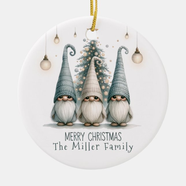 Personalised Cute Christmas Gnome Family Holiday Ceramic Ornament (Front)