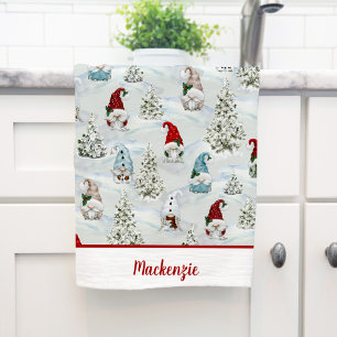Personalised Cute Christmas Gnomes Holiday Tea Towel