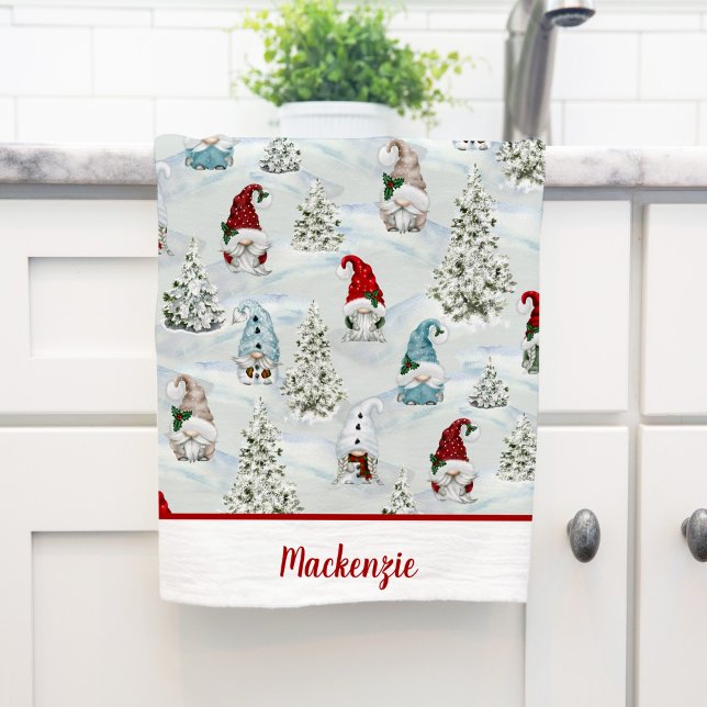 Personalised Cute Christmas Gnomes Holiday Tea Towel (Creator Uploaded)