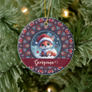 Personalised Cute Christmas Kawaii Fox Dot Mandala Ceramic Ornament