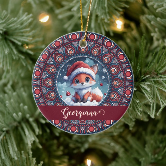 Personalised Cute Christmas Kawaii Fox Dot Mandala Ceramic Ornament (Tree)