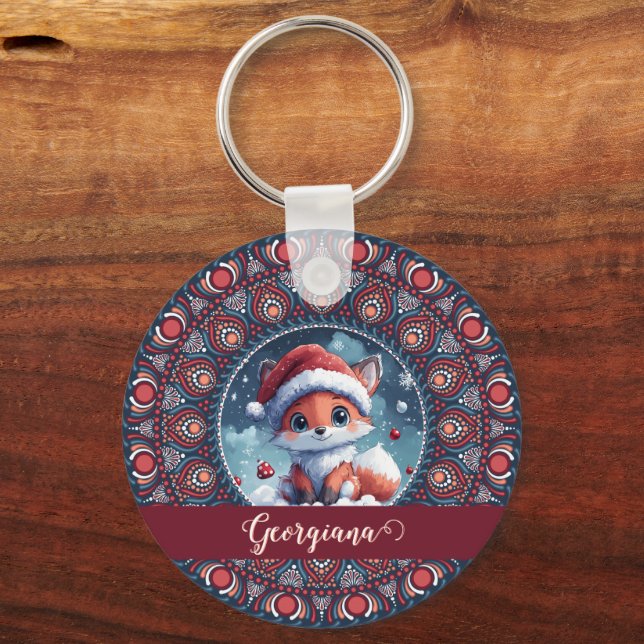 Personalised Cute Christmas Kawaii Fox Dot Mandala Key Ring (Front)
