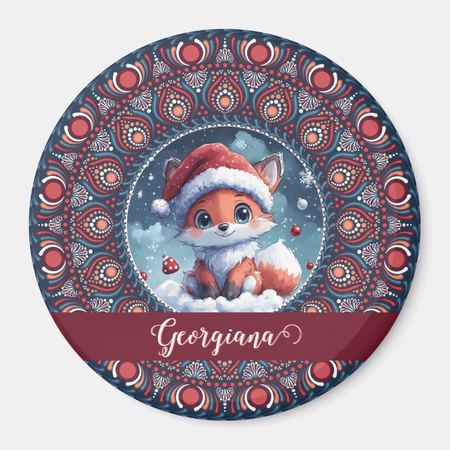Personalised Cute Christmas Kawaii Fox Dot Mandala Magnet (Front)