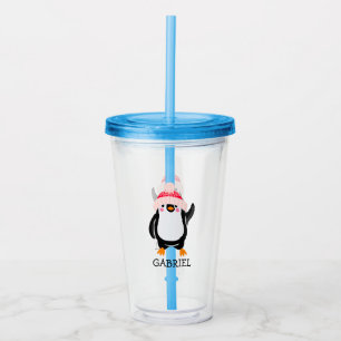 Personalised Cute Christmas Penguin in Red Hat  Acrylic Tumbler