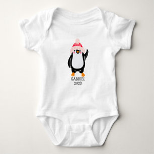 Personalised Cute Christmas Penguin in Red Hat Baby Bodysuit