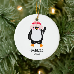 Personalised Cute Christmas Penguin in Red Hat  Ceramic Ornament