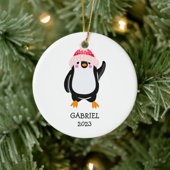 Personalised Cute Christmas Penguin in Red Hat  Ceramic Ornament (Tree)