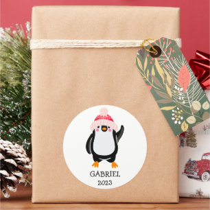 Personalised Cute Christmas Penguin in Red Hat  Classic Round Sticker