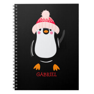 Personalised Cute Christmas Penguin in Red Hat Notebook