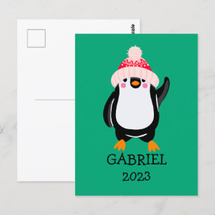 Personalised Cute Christmas Penguin in Red Hat  Postcard