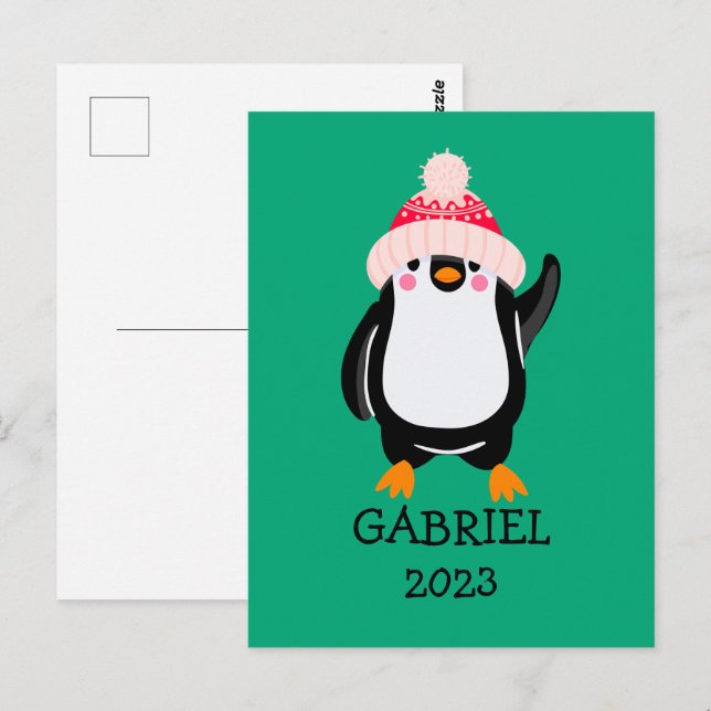 Personalised Cute Christmas Penguin in Red Hat  Postcard (Front/Back)