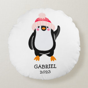 Personalised Cute Christmas Penguin in Red Hat  Round Cushion