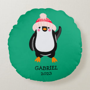 Personalised Cute Christmas Penguin in Red Hat Round Cushion