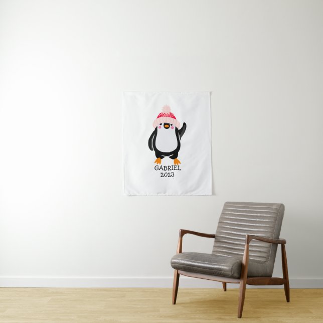 Personalised Cute Christmas Penguin in Red Hat  Tapestry (In Situ)