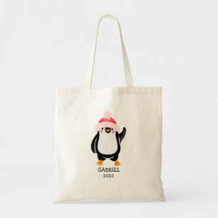 Personalised Cute Christmas Penguin in Red Hat  Tote Bag