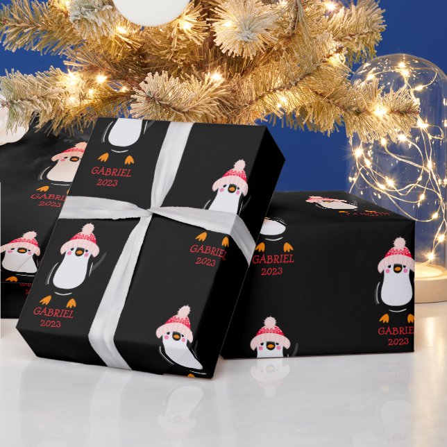 Personalised Cute Christmas Penguin in Red Hat  Wrapping Paper (Holidays)
