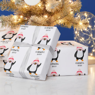 Personalised Cute Christmas Penguin in Red Hat  Wrapping Paper