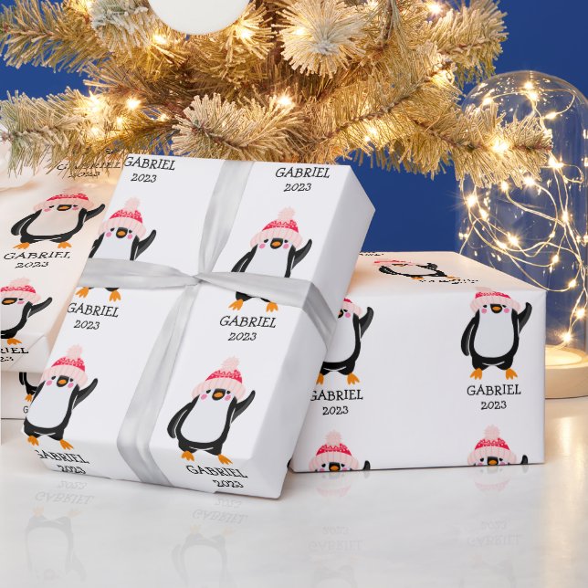 Personalised Cute Christmas Penguin in Red Hat  Wrapping Paper (Holidays)