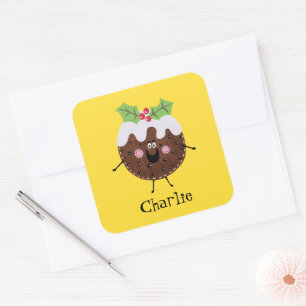 Personalised Cute Christmas Pudding Square Sticker