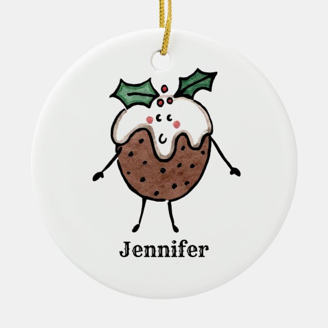Personalised Cute Christmas Pudding Tree Ceramic Ornament (Front)