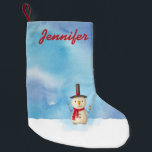 Personalised Cute Christmas Snowman Waving Small Christmas Stocking<br><div class="desc">A personalised Christmas stocking with a cute snowman illustration. He is wearing a black stovepipe hat, holding a classic corn cob pipe, and wearing a red scarf. Standing in the cold white snow smiling and waving hello. The background is composed of a watercolor sky with blue and purple colours blending...</div>