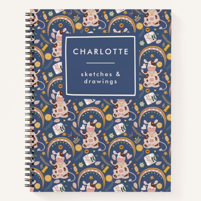Personalised Cute Christmas Yoga Cow Whimsical Notebook (Front)