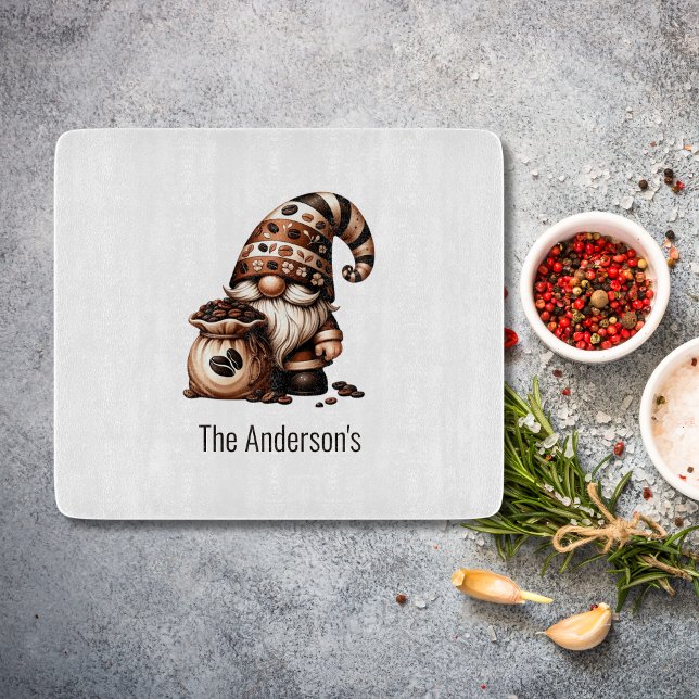 Personalised Cute Coffee Gnome Brown White Gift Cutting Board (Coffee Gnome Personalized Kitchen Cutting board. Bridal Shower gift, Housewarming gift)