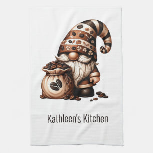 Personalised Cute Coffee Gnome Brown White Gift Tea Towel