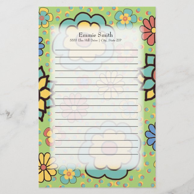 Personalised Cute Colourful Flowers on Green Stationery (Front)