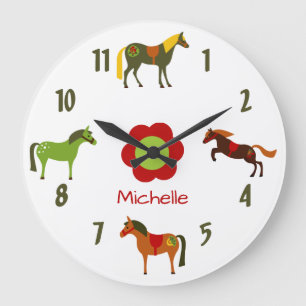 Personalised Cute Colourful Retro Ponies Horse Large Clock