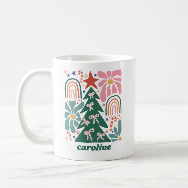 Personalised Cute Coquette Bow Floral Christmas Coffee Mug (Left)