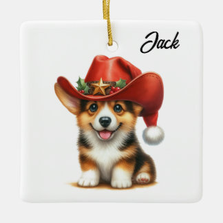 Personalised Cute Corgi Cowboy Santa Hat Christmas Ceramic Ornament
