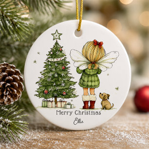 Personalised Cute Cosy Fairy and Puppy Christmas Ceramic Ornament