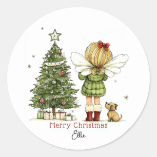 Personalised Cute Cosy Fairy and Puppy Christmas  Classic Round Sticker