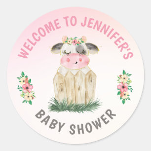 Personalised Cute Cow Pink Gold Baby Shower   Classic Round Sticker