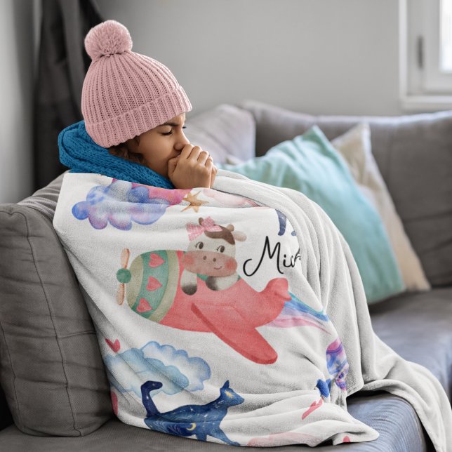 Personalised Cute Cow, Space, Cats, Moon Whimsical Fleece Blanket (Creator Uploaded)