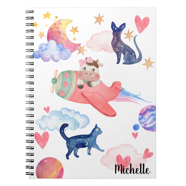 Personalised Cute Cow Space Cats Moon Whimsical Notebook (Front)