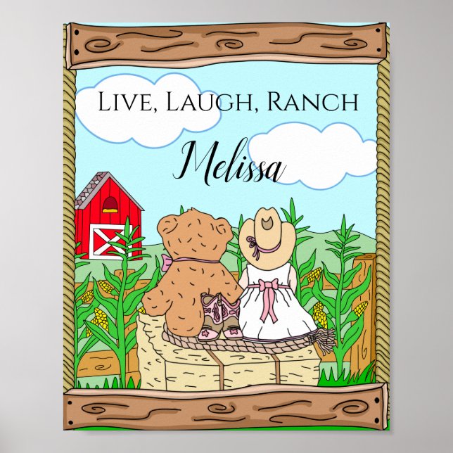 Personalised Cute Cowgirl and Teddy Bear on Ranch  Poster (Front)