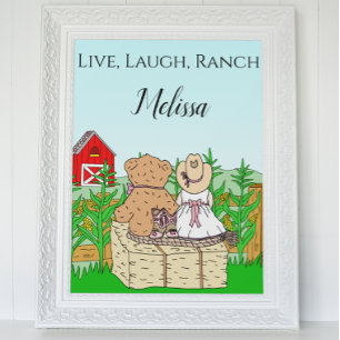 Personalised Cute Cowgirl and Teddy Bear on Ranch Poster