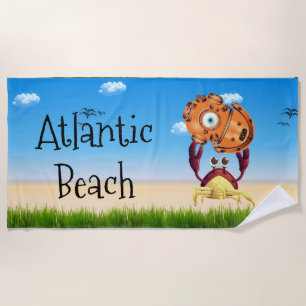 Personalised Cute Crab Holding Diving Helmet Beach Towel