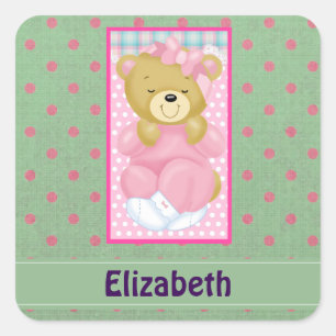 Personalised Cute Cuddly Bear Dressed in Pink Square Sticker